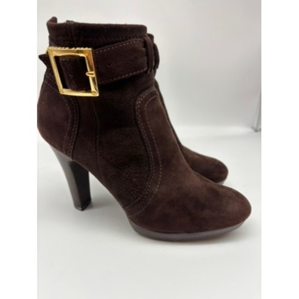 Tory Burch Ankle Boots Women‎ 6.5 Brown Suede Melrose Buckle Logo Back Zip Heel